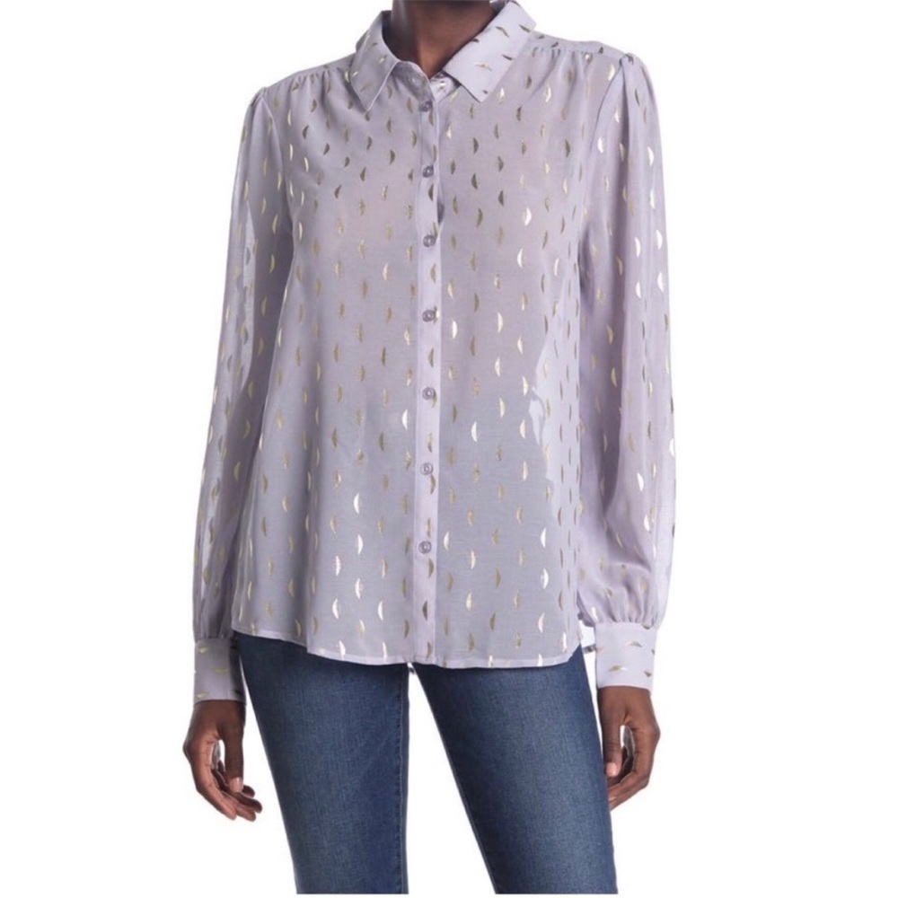 ModCloth Buzzworthy Purple Silver Metallic‎ Moon Button Down Blouse Size Medium